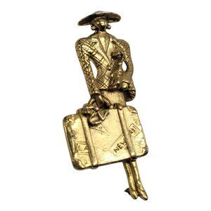 Vintage Gold Tone Lady Traveler Brooch